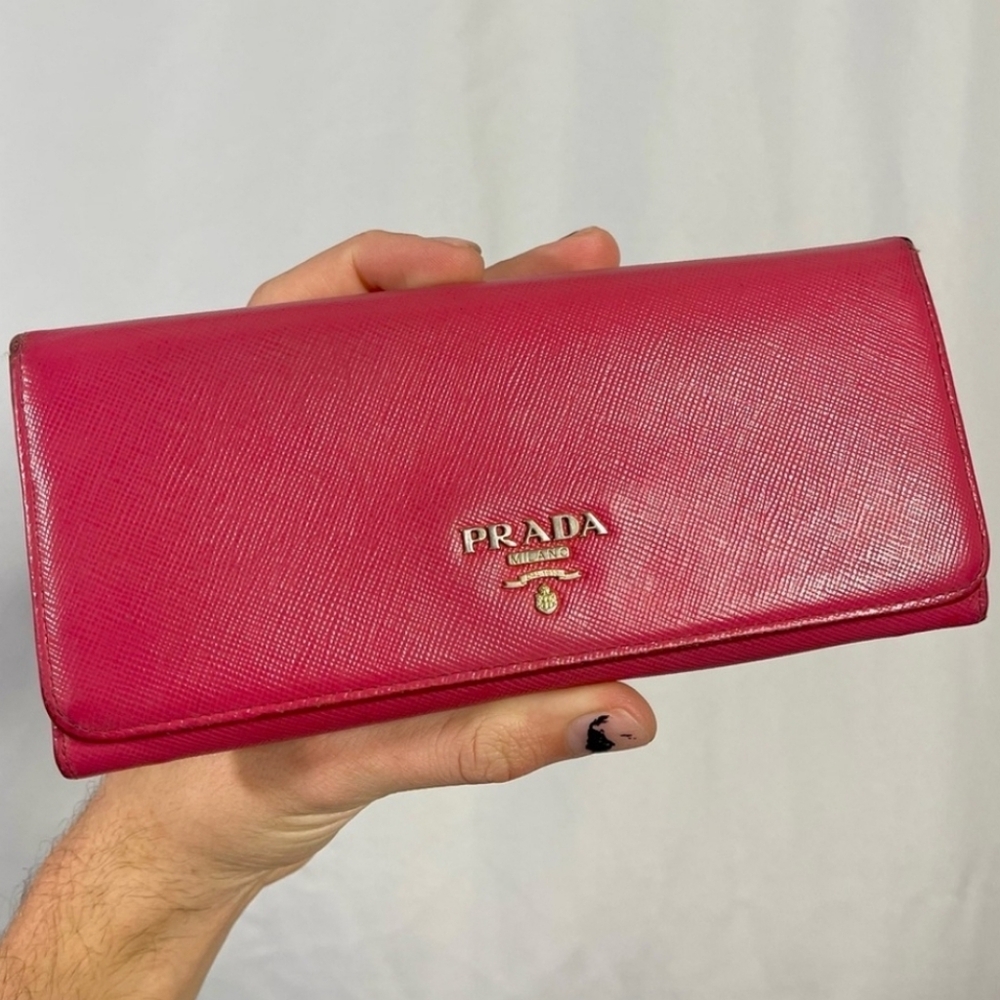 Prada | womens large hot pink saffiano leather flap snap-button closure wallet